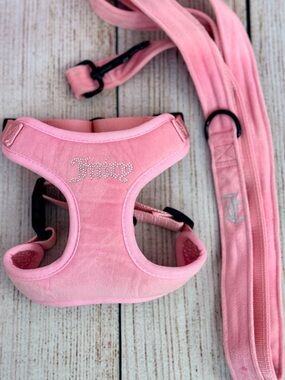 Bling Pink Velour Juicy Couture Pet Harness & Leash 2 Piece Set